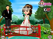 Angel Bride Dressup game screen showing a model in a flowing white bridal gown with feathered wings and a halo, ready to play free online