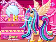 Pony Princess Hair Care free game screenshot showing a cute pony with a long, colorful mane being brushed in a magical salon.