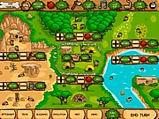 A strategic map screen from the game Pre-civilization: Stone Age showing a primitive human encampment with workers and resource icons, representing the free online strategy game.