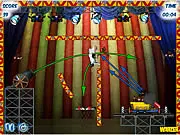 The cow acrobat character being shot from a large circus cannon, flying past obstacles with monkeys positioned to help guide and save her in the free online game Gunburger.