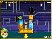 Crocodile Love Duck game screen showing a small green crocodile looking sad near a bathtub and a yellow rubber duck puzzle level
