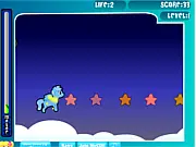 Little Pony Adventure game screenshot showing a cute pony flying through space and collecting yellow stars