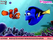 Baby Nemo Hidden Letters online game screenshot showing an underwater scene with the animated character Nemo and hidden letters scattered throughout