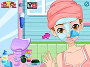 Screenshot from the Spa Salon Makeover game showing Bella receiving a facial mask with cucumber slices over her eyes.