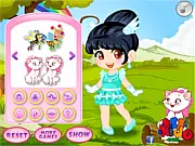 Chibi Snow White Dress Up game featuring a cute, big-headed cartoon character dressed as the princess with a red bow and a blue and yellow dress