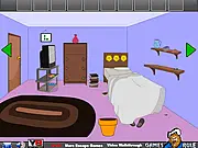 Screenshot from Jolly Room Escape game showing a brightly decorated room with various pieces of furniture and hidden clues.