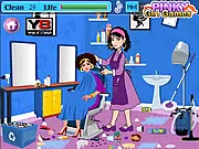 Screenshot of the free online game Spa Salon Cleanup, showing a messy salon area with dust, trash, and scattered cosmetic products needing to be organized.