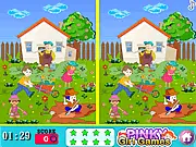 Screenshot of the free online puzzle game Spot The Difference Gardening, showing two nearly identical pictures of children happily tending to plants and flowers in a garden.