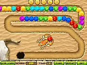 Screenshot of Scorpion Blast free online game showing a chain of colorful marbles and the scorpion launcher preparing to shoot a matching ball