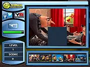 Screenshot of Despicable Me 2 Sliding Puzzle game featuring a partially completed tile puzzle image of Gru and the Minions