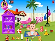 My Baby Bathing game screen showing a small child happily sitting in a bathtub with bubbles and toys, play free online game