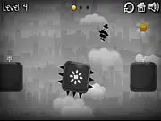 Screenshot of Gentle Gravity online game showing a small character floating between simple geometric platforms while collecting gold coins