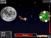 Screenshot of Space Mutators free online shooter game showing a spaceship surrounded by alien enemies in a retro pixel art style