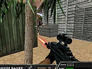 Screenshot of Rapid Gun 3D FPS free online game, showing a first-person perspective of a soldier aiming a weapon at an enemy unit in a combat environment