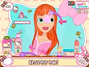Hello Kitty Beauty Secrets online game screenshot showing a girl with a stylish hairstyle and makeup