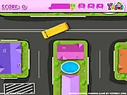 Screenshot of the Express School Bus Parking game showing a large yellow school bus navigating obstacles on a complex campus road on PlayArcadeHub