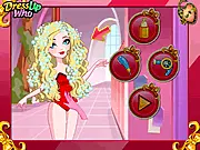 Screenshot from Apple White Haircuts online game showing the Ever After High character with a styled haircut and dressed in a glamorous outfit