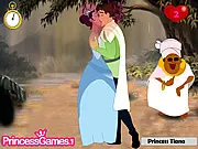 Screenshot of Princess Tiana Kissing Prince game, Tiana and Prince Naveen sharing a secret kiss, free online arcade game