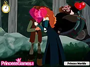 Screenshot of Princess Merida Kissing Prince game, Merida and Prince sharing a secret kiss, free online timing game