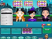 Screenshot of Halloween Cupcakes game, showing a busy shop counter, cupcake machines, and costumed children waiting for their spooky seasonal treats. Play free online.