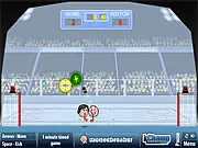Sports Heads Ice Hockey online free game screenshot showing two big headed players battling for the puck