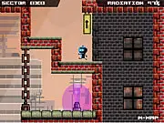 Gameplay screenshot of the Final Charge game featuring a small robot character standing on a platform in a ruined, futuristic, post-apocalyptic landscape