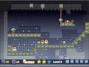 Screenshot of Jack The Zombie game showing a zombie character aiming a weapon at humans barricaded behind structures in a physics-based puzzle