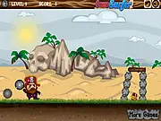Captain Jack's Treasure Island free online puzzle game screen showing physics obstacles and a hidden treasure chest on a beach.