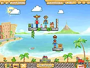 Screenshot of the TNT Zombies: Arsenal free online game, showing TNT blocks positioned near a group of zombies on a complex wooden structure.