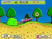 Homer's Donut Run 2 free online driving game screenshot, a yellow school bus driving over a hill with many donuts to collect.