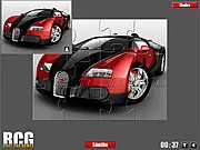 Bugatti Jigsaw Puzzle game screen showing scattered pieces of a blue Bugatti supercar that players must drag into place.