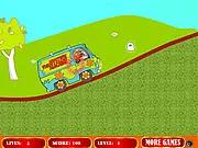 The Scooby Doo gang driving the green and orange Mystery Machine van over a bumpy, haunted landscape in the free online game, Mystery Machine Ride 2.