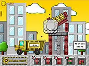 A construction site scene from the Demolition Inc. free online game, showing a structure about to be destroyed with dynamite and a worker needing rescue.