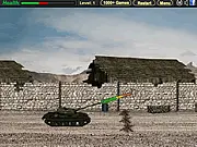A heavy military tank firing a missile across a battlefield, surrounded by smoke and explosions in the free online game Heavy Legion.