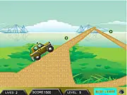 Screenshot of Mini Jeep Ride 2 game, showing a small green jeep balancing on a bumpy, elevated track, next to collected coins