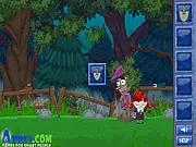 The creepy little girl character running through a mystical, troubled Fairyland landscape in the free online platformer game, Save The Fairyland.