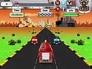 Emergency vehicle racing quickly through a city street in the online game Emergency Drive