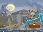 A large cannon aiming an explosive bomb at a structure containing roly-poly style monsters in the Roly-Poly Cannon: Monsters 2 game