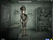BNKR online point and click adventure game screenshot, a desolate cyberpunk city street with androids