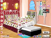 Screenshot of Polka Teen Bedroom Design game, showing a modern room with polka dot wallpaper and trendy furniture, play free online.