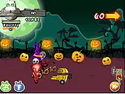 A green pig character shooting a weapon to defend against flying Angry Birds characters in the Bad Piggies Halloween game