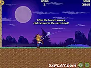 A brave scarecrow character holding a weapon and fighting a horde of evil pumpkins in the Scarecrow VS Pumpkin game