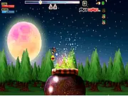 Cooking Witch game screenshot showing a witch on a broomstick flying over a town, with a cauldron below, in a whimsical and spooky art style, free to play online