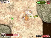 Bug Rampage free online game screenshot, a green caterpillar hero attacking a large beetle enemy on a platform in a dark, action platformer level
