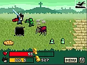 Eastward Quest game screenshot showing a pixelated hero running right across three lanes, fighting monsters in a colorful forest environment, free to play online