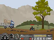 Screenshot of the Apocalypse Transportation game showing a supply truck driving a difficult, bumpy desert road with cargo piled high in the back