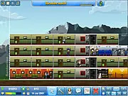 The management screen of Theme Hotel Online game showing a multi-story hotel with small cartoon guests, elevators, and various staffed service areas.