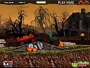 Halloween Pumpkin Delivery game screenshot, tractor driving at night through a cemetery, balancing a trailer full of pumpkins, spooky online driving game