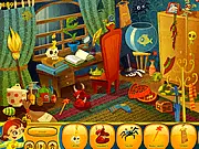 Little Witch's Mess hidden object game screenshot featuring a Halloween-themed room cluttered with magical items, play free online