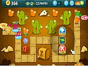 Carrot Fantasy 2: Desert tower defense game screenshot showing towers defending a carrot from an invading wave of cute monsters, play free online